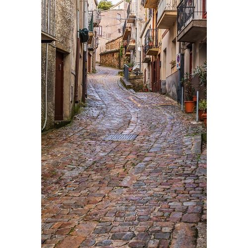 Palermo Province-Geraci Siculo Winding narrow cobblestone street in the town of Geraci Siculo